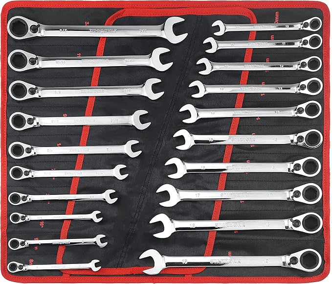 STARWORK TRUE MECHANIC™ 20 Pc. Reversible Ratcheting Wrench Set, Combination Ratchet Wrench Set, Non-Slip, Long Pattern, 6-Point 15° Offset, Professional, SAE/Metric (5/16-3/4" & 8-19 mm)