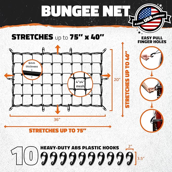 Mockins 36"x20" Heavy Duty Cargo Net for Pickup Truck Bed Expandable Up to 75"x40" | 6mm Thick Elastic Bungee Net with Hooks for Truck, SUV & Car | 4"x4" Mesh Square Cargo Netting for Any Type of Load