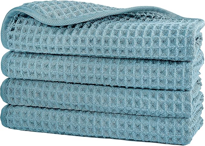 POLYTE 430 GSM Microfiber Lint Free Washcloth Face Towel, 13 x 13 in, 4 Pack (Waffle Weave)