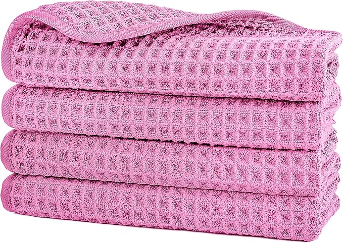 POLYTE 430 GSM Microfiber Lint Free Washcloth Face Towel, 13 x 13 in, 4 Pack (Waffle Weave)