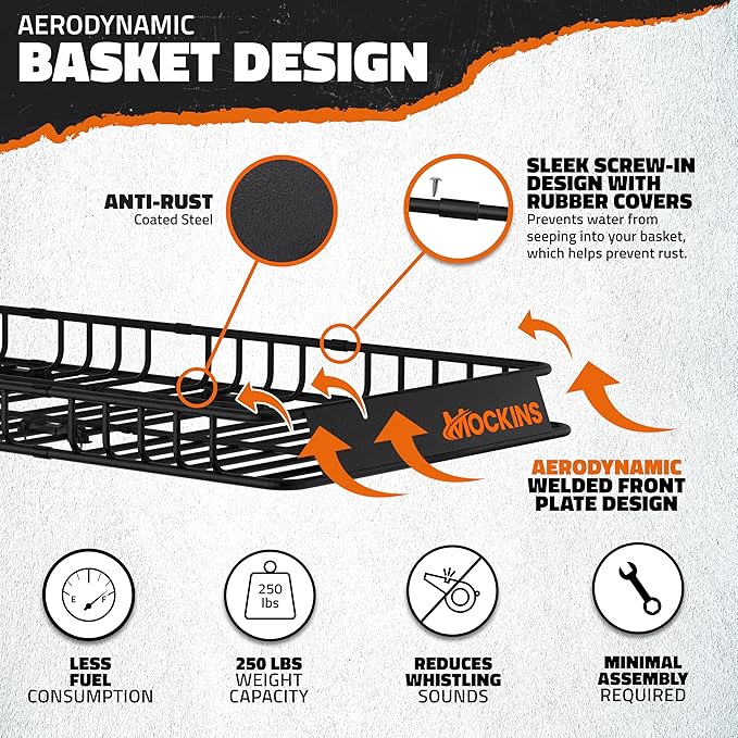 Mockins 50"x36"x4.5" Extendable Car Rooftop Cargo Carrier Rack | 250 Lbs. Capacity Weatherproof Steel Universal Roof Rack Basket | Heavy Duty Car Roof Cargo Carrier Set w/Ratchet Straps & Bungee Net