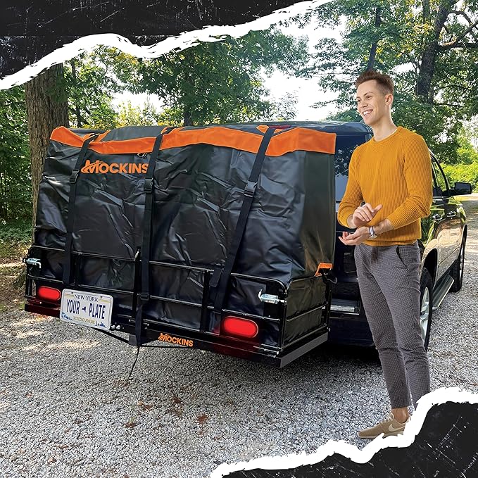 Mockins 30 Cubic Ft. Trailer Hitch Cargo Carrier Bag & 6 Packing Cubes 29"x23"x12" | 60"x24"x36" Waterproof Cargo Bag for Hitch Carrier | Set of Vehicle Soft-Shell Carriers with Buckle Straps & Lock