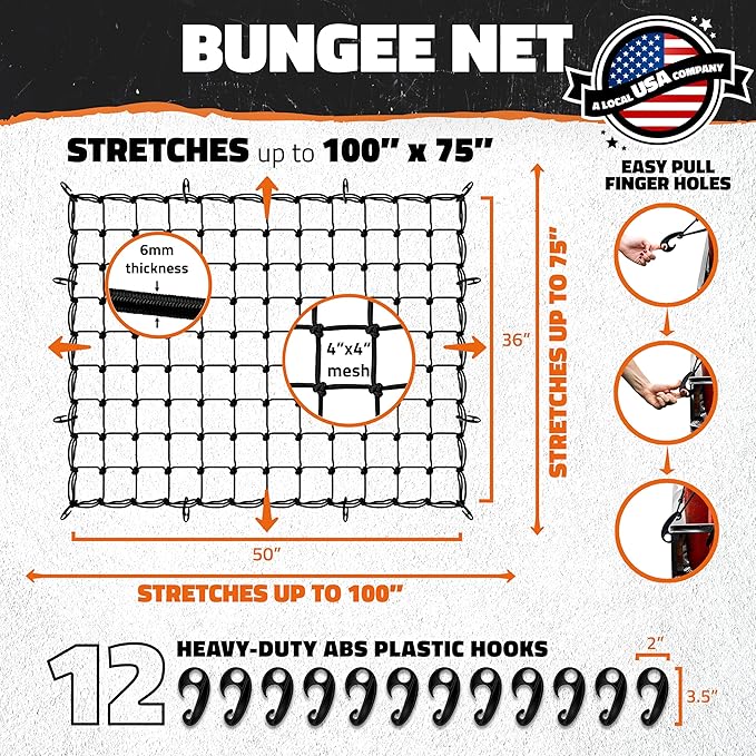 Mockins 50"x36" Elastic Truck Cargo Net for Pickup Truck Bed, Roof Rack or Trailer | 6mm Thick Bungee Net with Hooks - Stretches Up to 100"x75" | 4"x4" Mesh Square Cargo Netting for Any Load Size