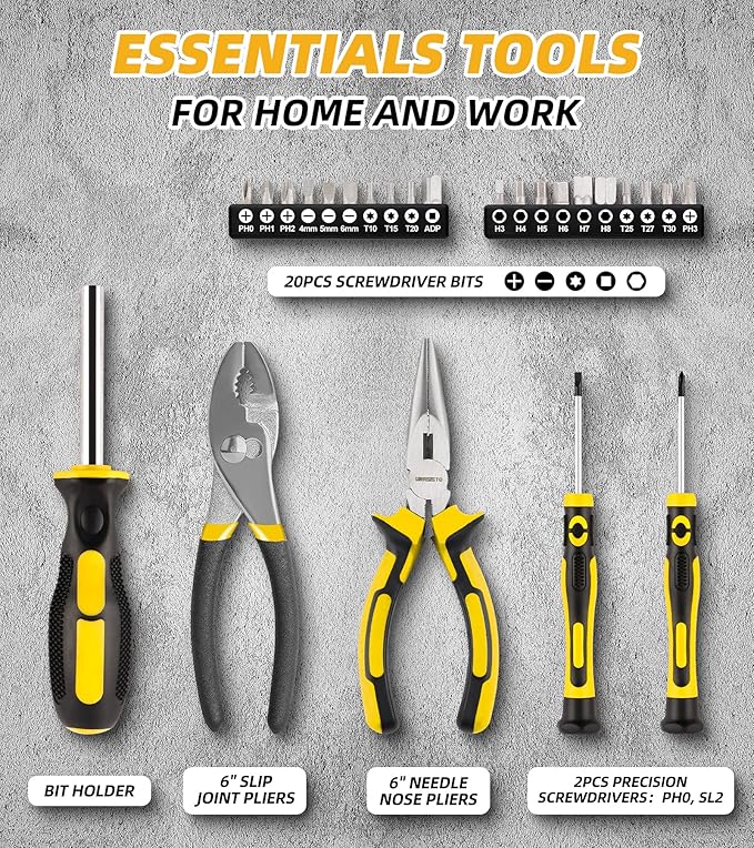 DOWELL 146PCS Homeowner Tool Set, Household Repairing Tool Kit with 14-Inch Wide Mouth Open Storage Tool Bag