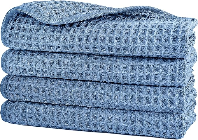POLYTE 430 GSM Microfiber Lint Free Washcloth Face Towel, 13 x 13 in, 4 Pack (Waffle Weave)