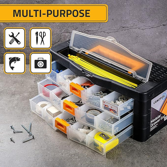 CANOPUS Craft Organizer with Drawers, 15-in Modular Drawer Case, Storage Organizer with Transparent Drawers, Portable Plastic Tool Box for Small Tools, Crafts, Screws, Bolts, Hardware and Small Parts
