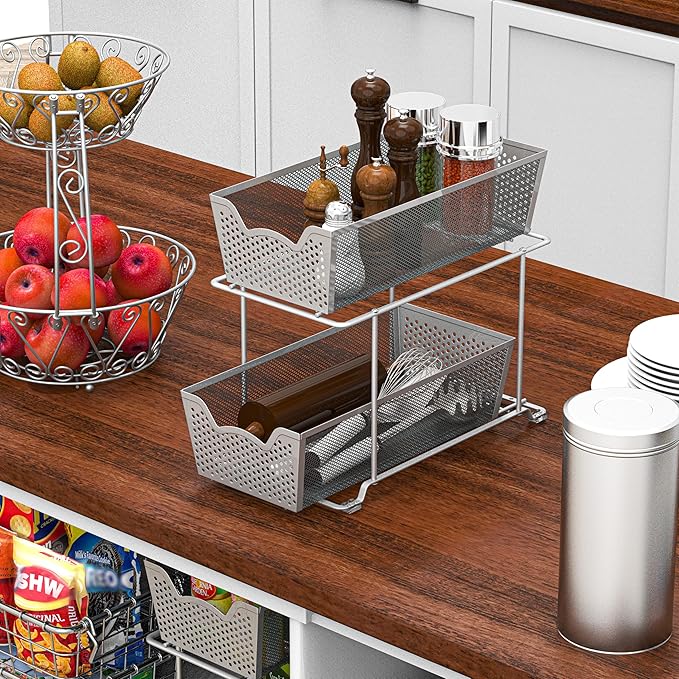 Simple Houseware Cabinet 2 Tier Perforated Basket Drawer, Silver - 2 Pack