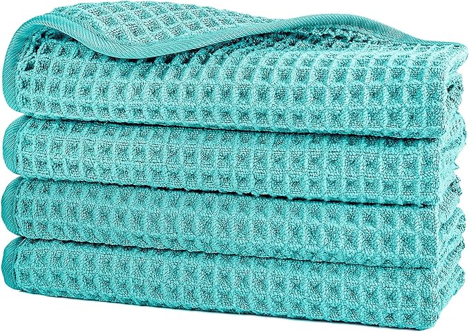 POLYTE 430 GSM Microfiber Lint Free Washcloth Face Towel, 13 x 13 in, 4 Pack (Waffle Weave)