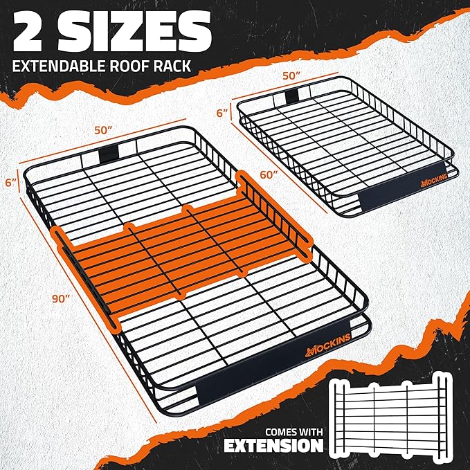 Mockins 90"x50"x6" XXL Heavy Duty Roof Rack Cargo Carrier for Top of Vehicle Storage | 250 Lbs. Cap Steel Car Roof Basket Set w/Straps | All-Weather Rooftop Cargo Carrier for SUV, RV & Large Vehicles