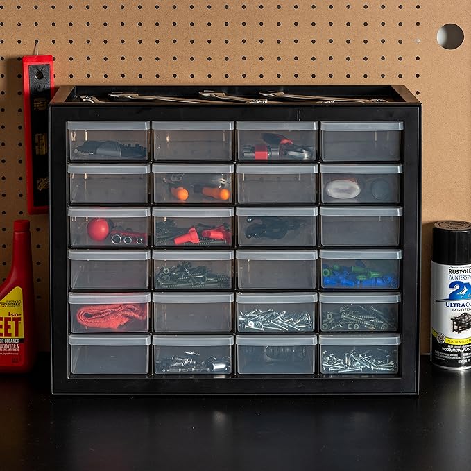 IRIS USA Plastic Storage Drawers, Made in USA, 24-Drawer Small Parts Organizer, Stackable Teacher Toolbox for Hardware, Screws, Nuts & Bolts, Stickers, Beads, Building Bricks, Garage Storage – Black